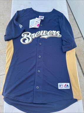 Majestic Brewers Navy and Gold Button-Up Jersey